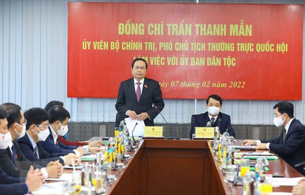 Phó Chủ tịch Thường trực Quốc hội Trần Thanh Mẫn phát biểu, chúc Tết Ủy ban Dân tộc. (Ảnh: Văn Điệp/TTXVN)