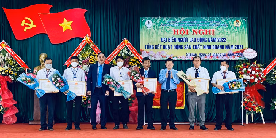 Nhiều tập thể, cá nhân thuộc Công ty Cao su Mang Yang được Ủy ban Quản lý vốn Nhà nước tại doanh nghiệp tặng bằng khen vì có thành tích xuất sắc trong năm 2021. Ảnh: Hà Duy