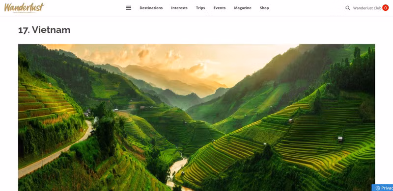 Tạp chí du lịch Wanderlust của Anh đánh giá Việt Nam là một trong 20 điểm đến đáng đi nhất trong tháng 3. Ảnh chụp màn hình