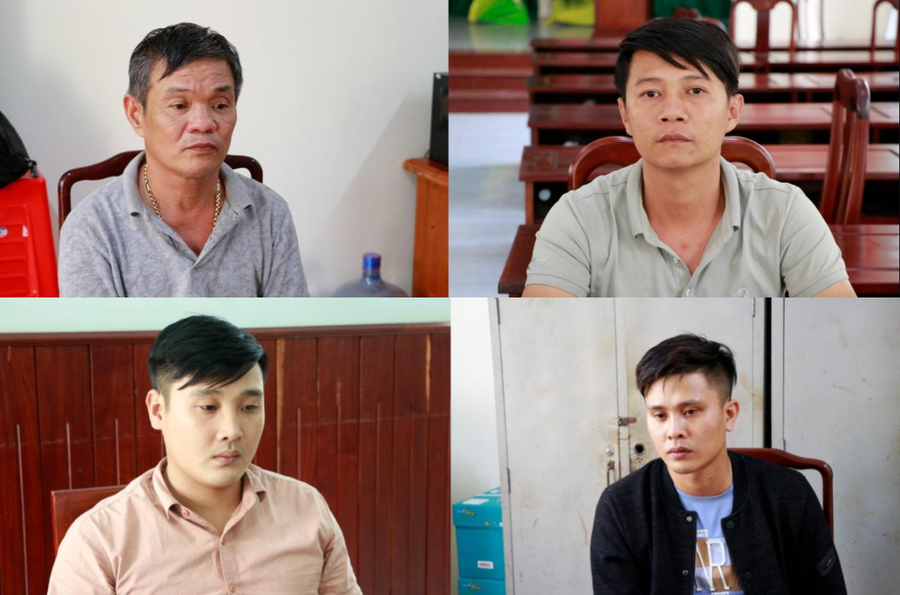 4 nghi phạm (từ trái qua, từ trên xuống) Long, Đạt, Chiến và Hoàng tại cơ quan công an. Ảnh: H.G