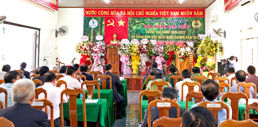 Toàn cảnh Hội nghị đại biểu người lao động năm 2022 và tổng kết sản xuất kinh doanh năm 2021 của Công ty TNHH một thành viên Cao su Chư Sê. Ảnh: Lê Hòa