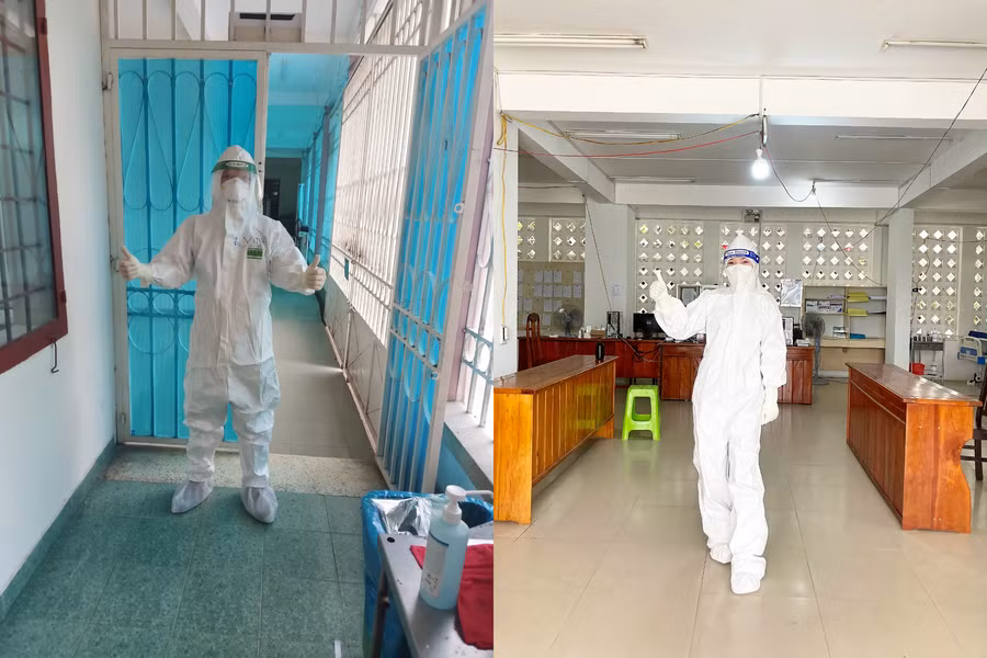 BS Lê Quang Vinh (bên trái) chống dịch tại Trung tâm điều trị Covid-19 BV Quân y 175, còn ĐD Nguyễn Thị Kim Thoa chống dịch tại Bệnh viện dã chiến số 4 (Khánh Hòa). Ảnh: NVCC