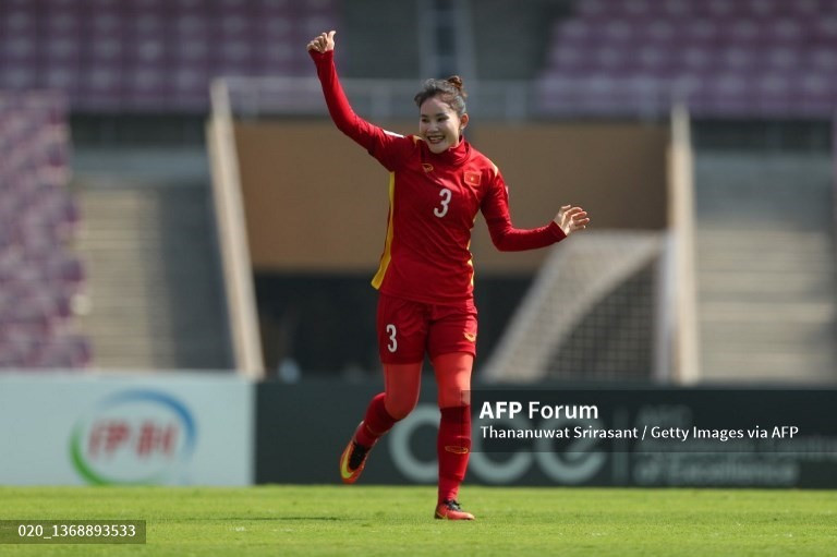 Chương Thị Kiều trong phút giây vui mừng với bàn mở tỉ số vào lưới Đài Loan. Ảnh: AFP
