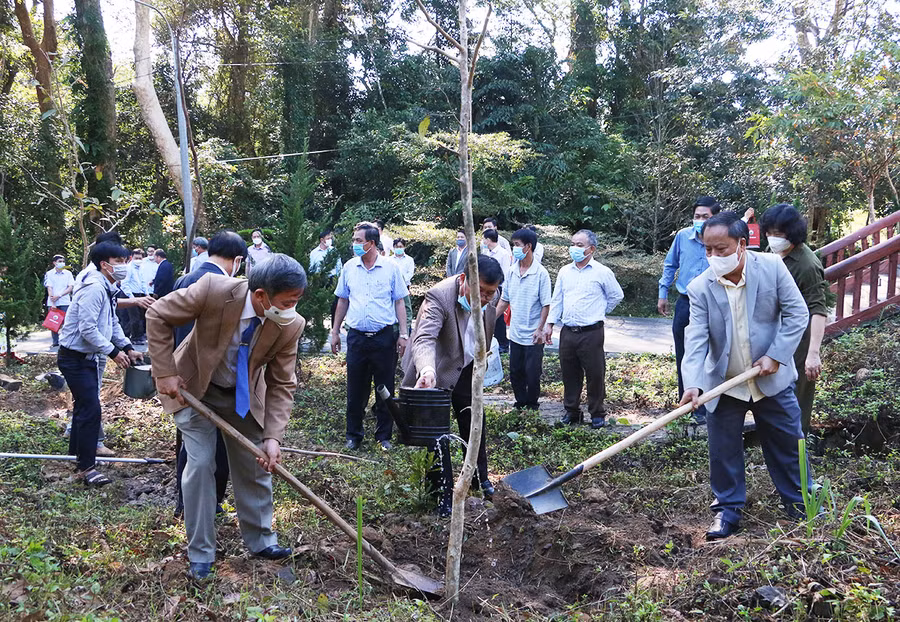 Phó Bí thư Thường trực Tỉnh ủy Châu Ngọc Tuấn trồng cây lưu niệm tại Khu di tích lịch sử căn cứ cách mạng của tỉnh. Ảnh: Quang Tấn