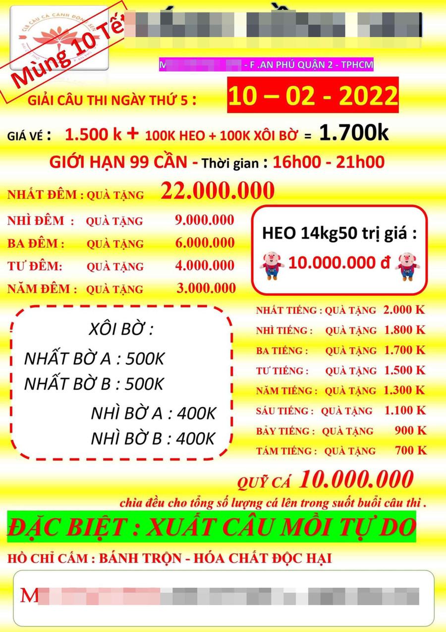 Thông tin về cuộc thi câu cá giải trí có thưởng được hồ câu C.Đ.S trên mạng xã hội Facebook