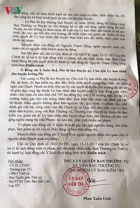 Thông cáo về quyết định kỷ luật ông Nguyễn Thành Dũng , Bí thư huyện ủy và ông Y Suôn Byă, Chủ tịch UBND huyện Krông Pắk.