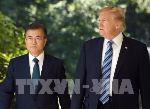 Tổng thống Mỹ Donald Trump (phải) và người đồng cấp Hàn Quốc Moon Jae-in tại cuộc gặp ở Washington, DC.
