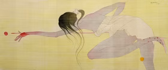 Tác phẩm “Hơi thở nhẹ 3” (mực acrylic trên lụa, 60cm x 150cm, 2017)