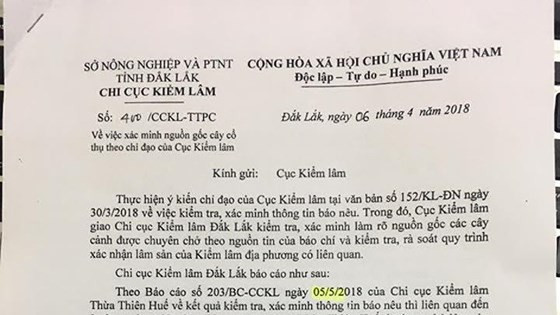 Báo cáo của Chi cục kiểm lâm Đắk Lắk