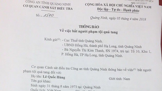 Công an tỉnh Quảng Ninh bắt quả tang ông Lê Quốc Hùng đang nhận hối lộ