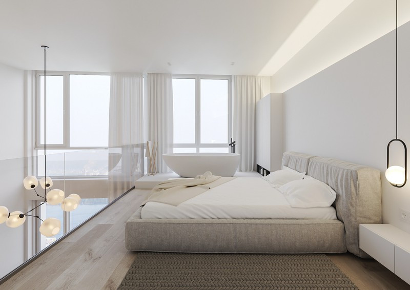 Phần tầng lửng được tận dụng để bố trí phòng ngủ vì khoảng không gian bên dưới đã dành cho phòng khách, bếp và công trình phụ.