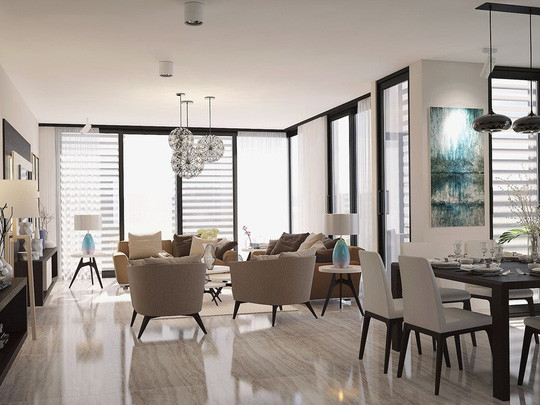  Phòng khách đặt liền kề bàn ăn và cùng sử dụng nguồn ánh sáng tự nhiên từ cửa sổ.