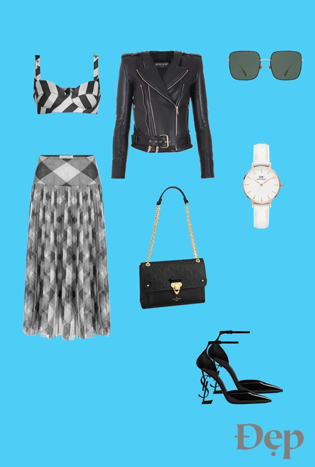 Áo bra và túi: Louis Vuitton | Váy và kính: Dior | Áo khoác: Balmain | Đồng hồ: Daniel Wellington | Giày: Saint Laurent Áo bra và túi: Louis Vuitton | Váy và kính: Dior | Áo khoác: Balmain | Đồng hồ: Daniel Wellington | Giày: Saint Laurent