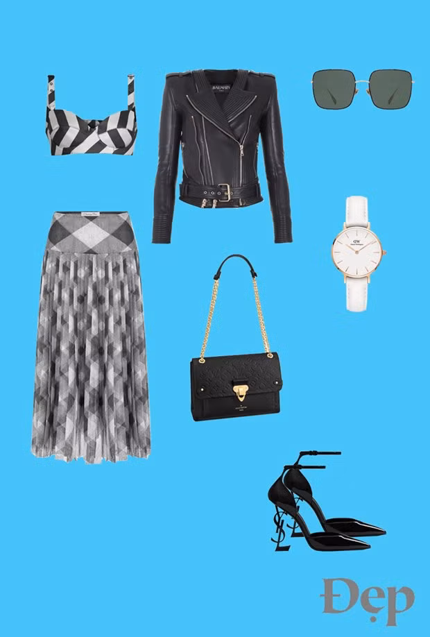 Áo bra và túi: Louis Vuitton | Váy và kính: Dior | Áo khoác: Balmain | Đồng hồ: Daniel Wellington | Giày: Saint Laurent