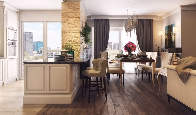 Cửa kính kéo dài từ sàn đến trần, tăng thêm nguồn chiếu sáng tự nhiên cho công trình.