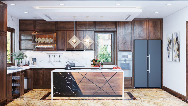  Mặt tủ bếp và đảo ốp đá cũng với mục đích tương tự.