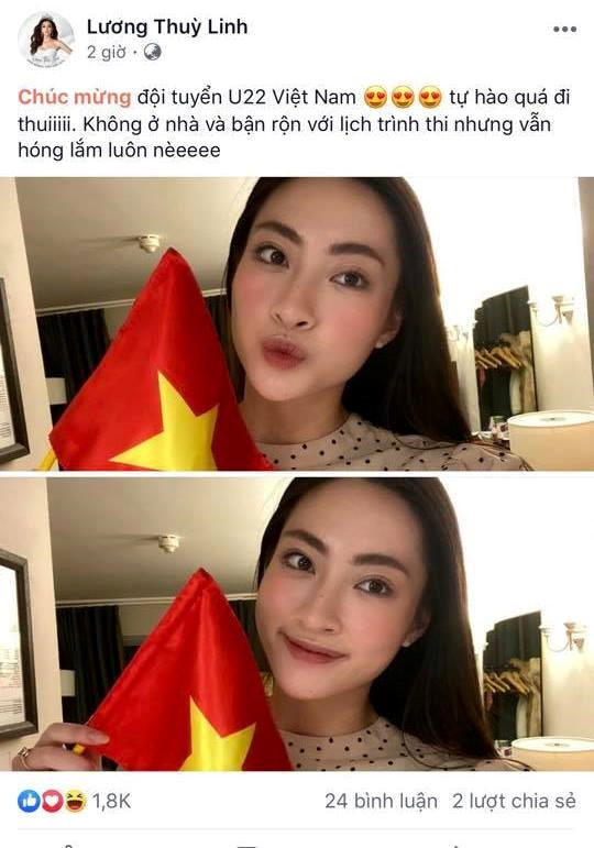 Lương Thùy Linh chúc mừng đội tuyển U.22 Việt Nam vào chung kết môn bóng đá nam tại SEA Games 30 - Ảnh: NVCC