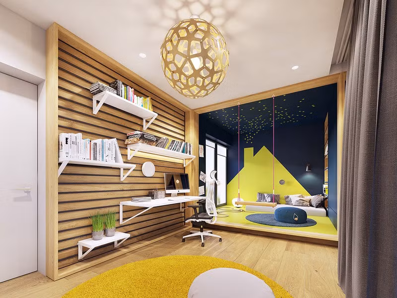 Một chiếc xích đu đặt giữa giường ngủ và bàn học.