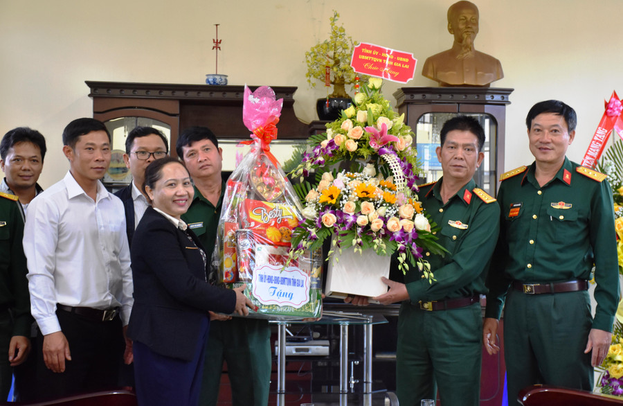 Phó Chủ tịch HĐND tỉnh Ayun H’Bút thăm, chúc mừng cán bộ, chiến sĩ Kho 897 thuộc Tổng cục Kỹ thuật đứng chân trên địa bàn huyện Mang Yang. Ảnh Trần Dung