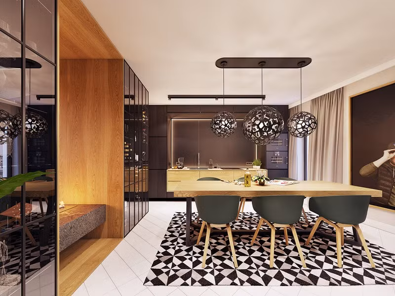 Phòng ăn nổi bật với những tông màu của gỗ, kích thích cảm giác ngon miệng.