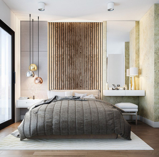  Bức tường đầu giường làm bằng thanh gỗ, mang lại vẻ ấm cúng cho căn phòng.