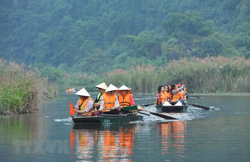 Du khách tham quan khu di tích Tràng An vào mùa lau nở trắng. (Ảnh: Minh Đức/TTXVN)