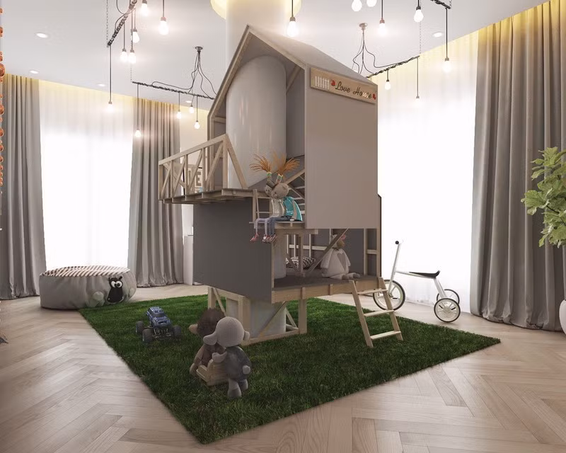 Ngôi nhà mô hình gồm ba tầng, với các phòng riêng và sàn mở để tạo điều kiện cho tất cả các trò vui chơi của bé.