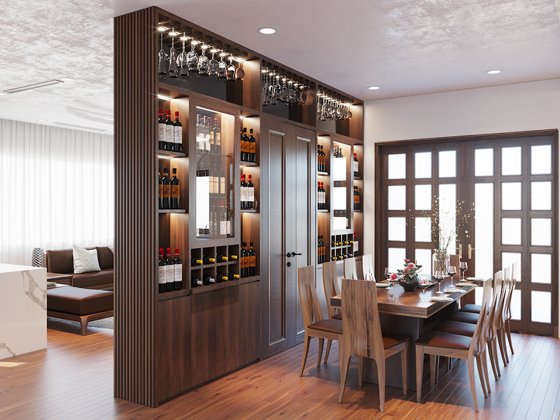  Chủ nhà đã rất thông minh khi sử dụng kệ rượu để làm vách ngăn giữa phòng khách và bàn ăn.