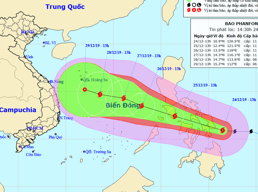 Dự báo vị trí và đường đi của bão PHANFONE. Ảnh NCHMF