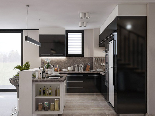 Tủ bếp chữ U bố trí khoa học với nhiều ngăn lưu trữ, giúp gia chủ tối đa hóa diện tích.