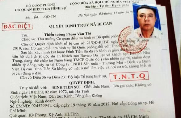 Quyết định "truy nã đặc biệt" bị can Đinh Tiến Sử sau khi bỏ trốn - Ảnh: P.S.NGÂN (chụp lại) Quyết định