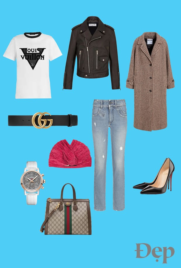 Áo phông: Louis Vuitton | Áo khoác: Dior | Áo trenchcoat: Moschino | Quần: Givenchy | Thắt lưng, túi và head-band: Gucci | Đồng hồ: Chopard | Giày: Christian Louboutin Áo phông: Louis Vuitton | Áo khoác: Dior | Áo trenchcoat: Moschino | Quần: Givenchy | Thắt lưng, túi và head-band: Gucci | Đồng hồ: Chopard | Giày: Christian Louboutin
