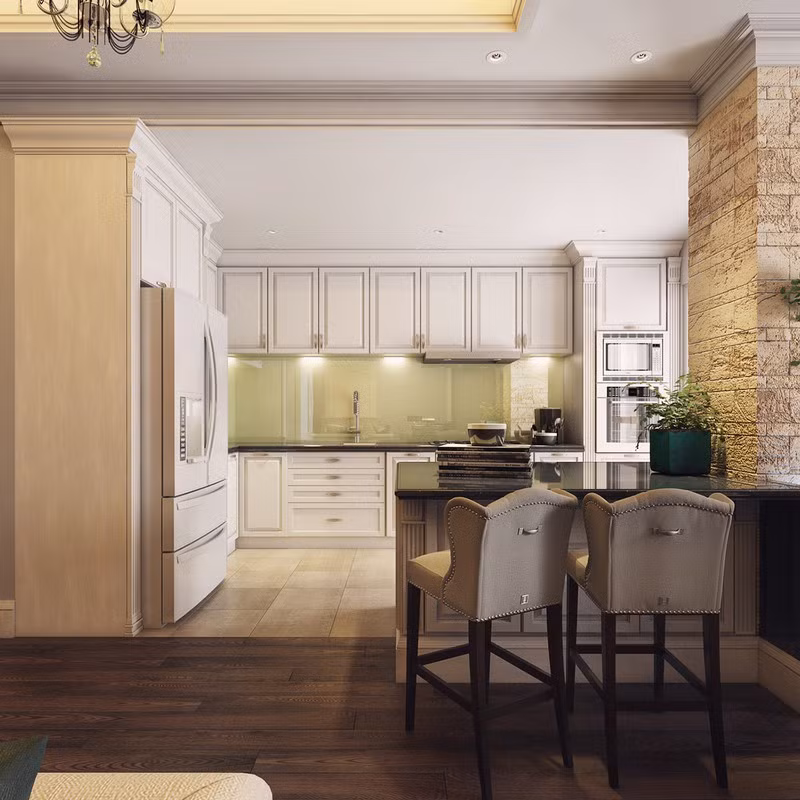 Tủ bếp cùng những chiếc ghế bar khắc họa những đường nét mềm mại ở tay nắm, chân ghế, và tấm dựa lưng…. đem lại sự uyển chuyển và quý phái. 