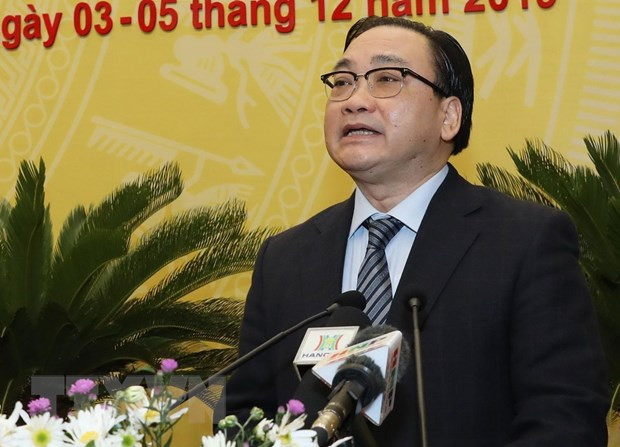  Ủy viên Bộ Chính trị, Bí thư Thành ủy Hoàng Trung Hải, Trưởng đoàn đại biểu Quốc hội Thành phố Hà Nội phát biểu chỉ đạo Kỳ họp thứ 11, Hội đồng Nhân dân thành phố Hà Nội khóa XV. (Ảnh: Lâm Khánh/TTXVN)