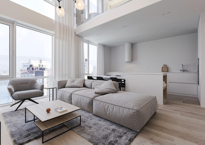 Việc tiết chế nội thất đã giúp cho phòng khách, nhà bếp mặc dù đặt cạnh nhau nhưng vẫn có cảm giác rộng rãi.