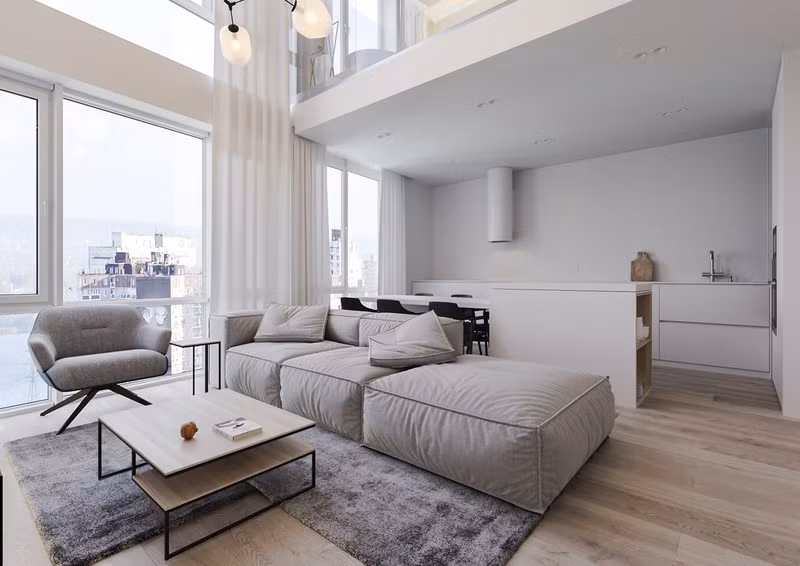 Việc tiết chế nội thất đã giúp cho phòng khách, nhà bếp mặc dù đặt cạnh nhau nhưng vẫn có cảm giác rộng rãi.