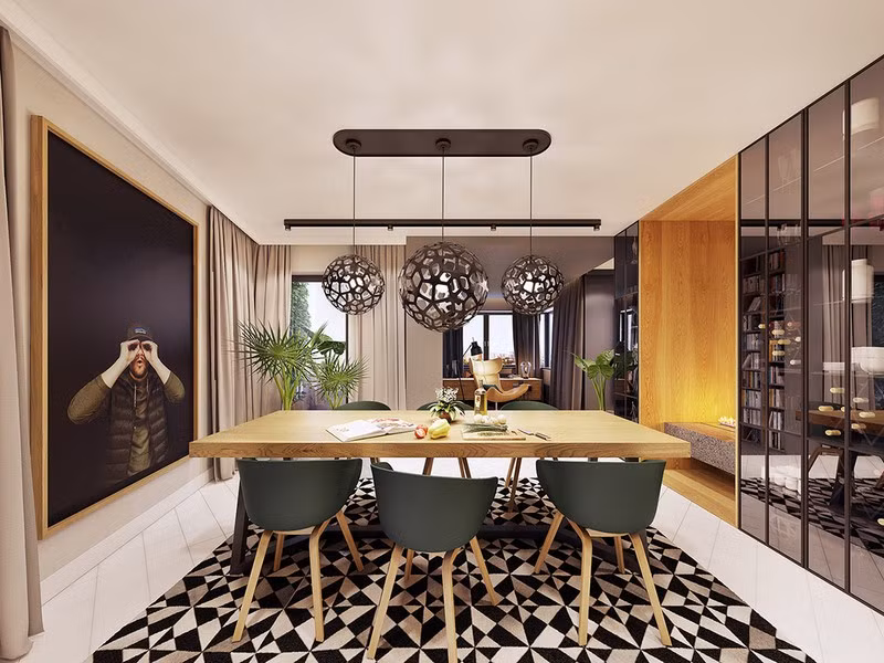 Sử dụng ghế ăn màu xanh là một trong những cách trang trí bằng màu sắc thú vị của chủ nhà.