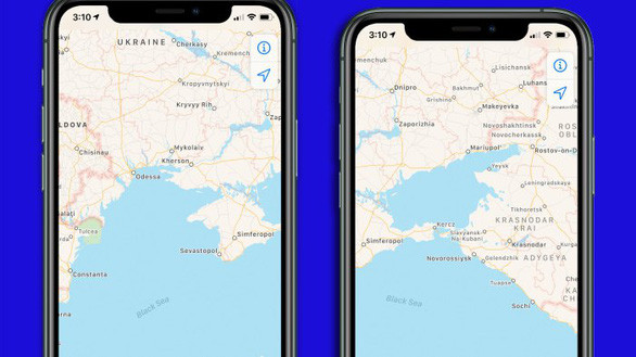 Ứng dụng Bản đồ của Apple cũng không cho thấy đường biên giới giữa Crimea và Nga - Ảnh chụp màn hình Fortune Ứng dụng Bản đồ của Apple cũng không cho thấy đường biên giới giữa Crimea và Nga - Ảnh chụp màn hình Fortune