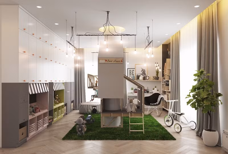 Một ngôi nhà hình trò chơi đặt ở trung tâm căn phòng được bố mẹ ưu tiên cho bé có ước mơ trở thành kỹ sư xây dựng khi lớn lên.