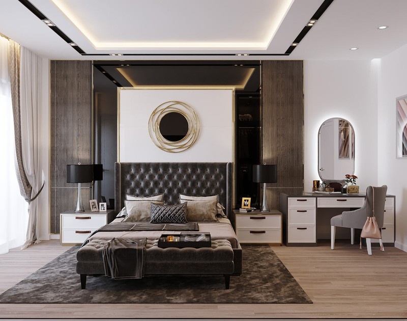 Phòng ngủ chính có diện tích rộng nhất ngôi nhà với một chiếc giường bọc nệm đặt ở trung tâm. Phòng ngủ chính có diện tích rộng nhất ngôi nhà với một chiếc giường bọc nệm đặt ở trung tâm.