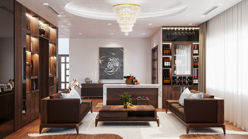  Bàn ghế làm bằng gỗ đã khiến cả không gian phòng khách thêm sang trọng, lịch lãm và nổi bật.