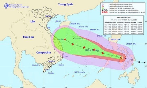 Bản đồ đường đi của bão Phanfone. (Ảnh: TTXVN phát) Bản đồ đường đi của bão Phanfone. (Ảnh: TTXVN phát)