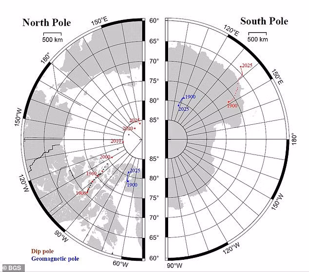 Mô hình Từ tính Thế giới mới, với bên phải là vùng Bắc bán cầu. Các dấu chấm kèm năm màu đó phản ánh điểm cực Bắc, trong đó điểm cực Bắc của năm 1900 đã rất xa cực Bắc ngày nay - ảnh: BGS