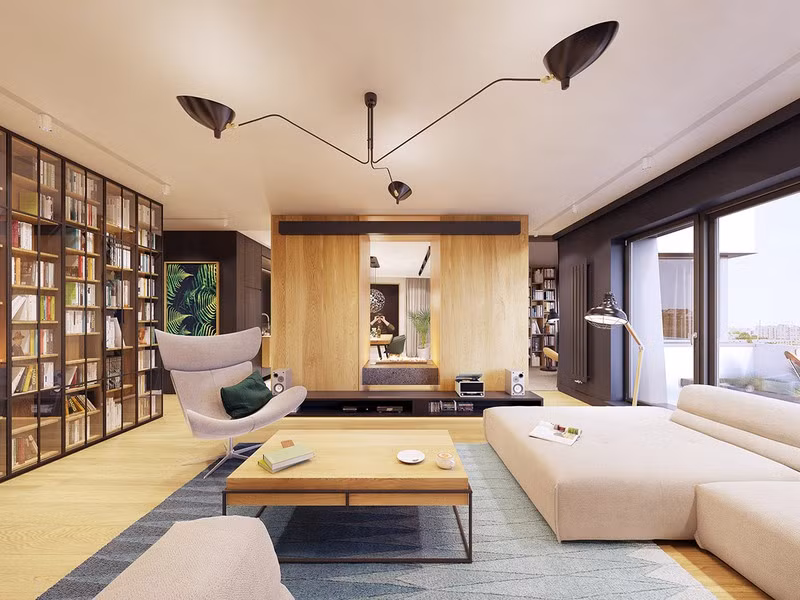  Là người thích đọc sách, chủ nhà dành hẳn một góc phòng khách để đặt giá sách lớn, phục vụ sở thích của cá nhân và các thành viên trong nhà.