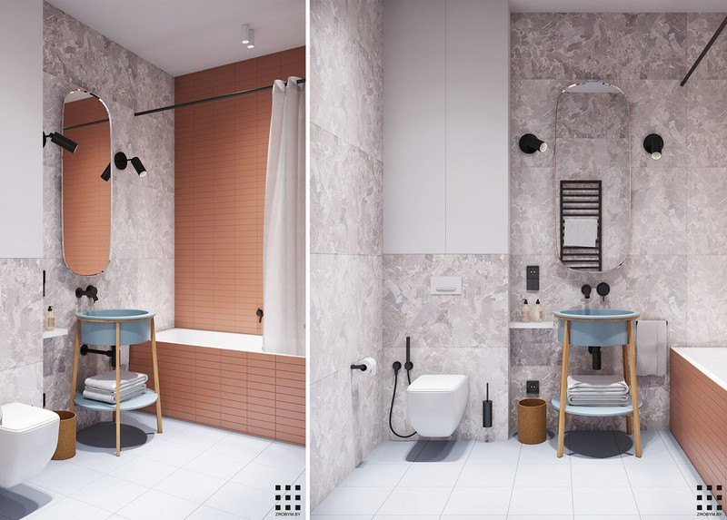  Tường giật cấp dùng để phân chia hợp lý hai khu vực nhà vệ sinh và bồn rửa tay.