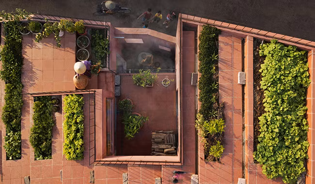 Nương theo độ dốc của mái, vườn rau được thiết kế thành 7 bậc thang độc đáo. Đây cũng là điểm nhấn đặc biệt nhất làm căn nhà trở nên nổi bật hơn hẳn các công trình xung quanh, khiến tạp chí kiến trúc Mỹ ArchDaily cũng phải dành nhiều lời khen ngợi.