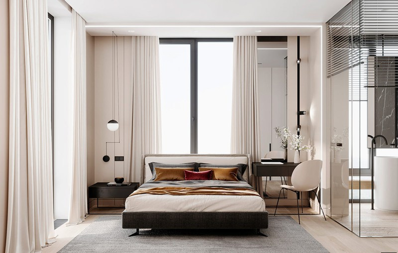 Nội thất bên trong phòng ngủ chính trang trí bằng tông màu kem nhẹ nhàng và mơ mộng.  Nội thất bên trong phòng ngủ chính trang trí bằng tông màu kem nhẹ nhàng và mơ mộng.