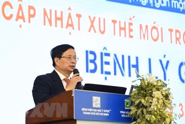 Thiếu tướng, giáo sư, tiến sỹ, bác sỹ Lê Trung Hải, Chủ tịch Hội Gan mật Việt Nam phát biểu khai mạc hội nghị. (Ảnh: Đinh Hằng/TTXVN)