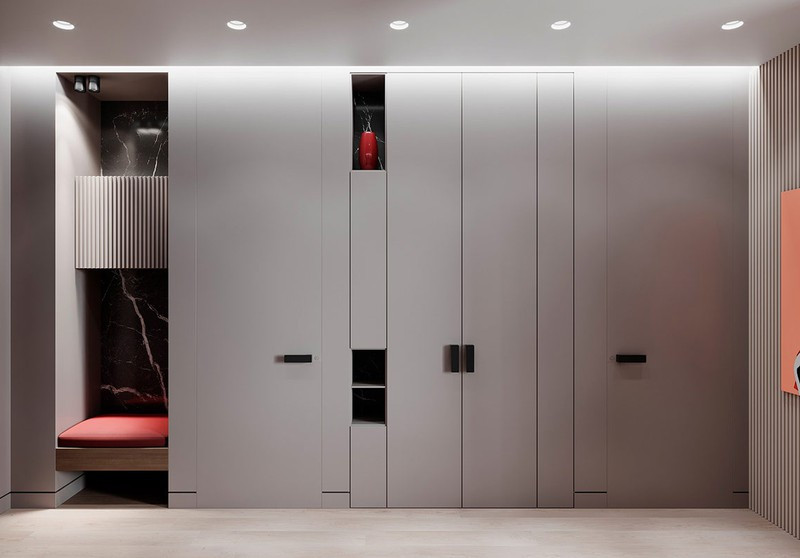 Tủ lưu trữ bố trí dọc theo hành lang với một vài điểm nhấn màu đỏ tươi tắn. Tủ lưu trữ bố trí dọc theo hành lang với một vài điểm nhấn màu đỏ tươi tắn.