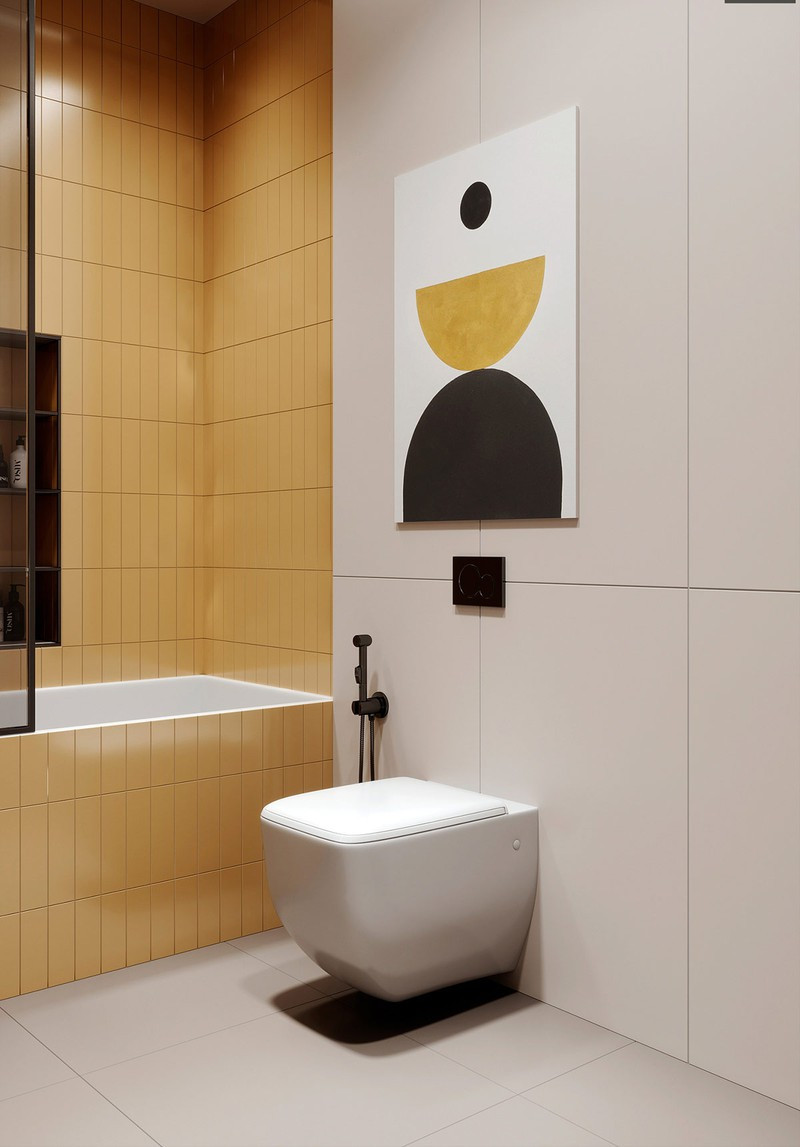 Khu vực bồn tắm trang trí bằng màu vàng để phân biệt với các khu vực còn lại. Khu vực bồn tắm trang trí bằng màu vàng để phân biệt với các khu vực còn lại.